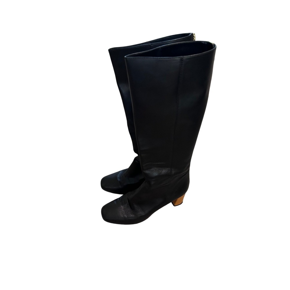 Kate Spade New York Black Leather‎ Knee High Boots Block Heel Zip Back